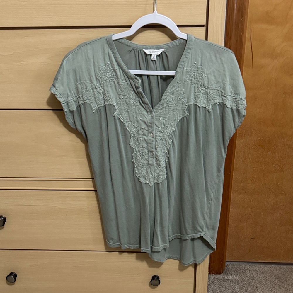 Lucky Brand Sage Green Embroidered Blouse